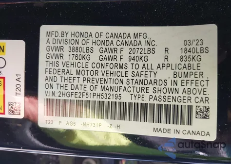 2023 Honda Civic Sport from USA, damaged, VIN 2HGFE2F51PH532195